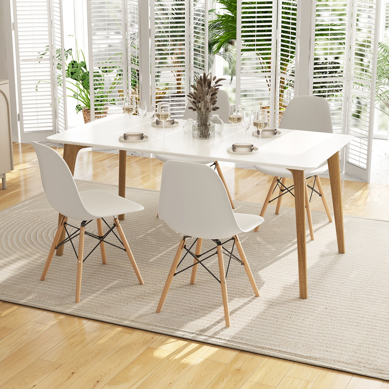 4-Pack White Armless Dining Chairs with Beech Wood Legs and Ergonomic Support Perfect for Patio